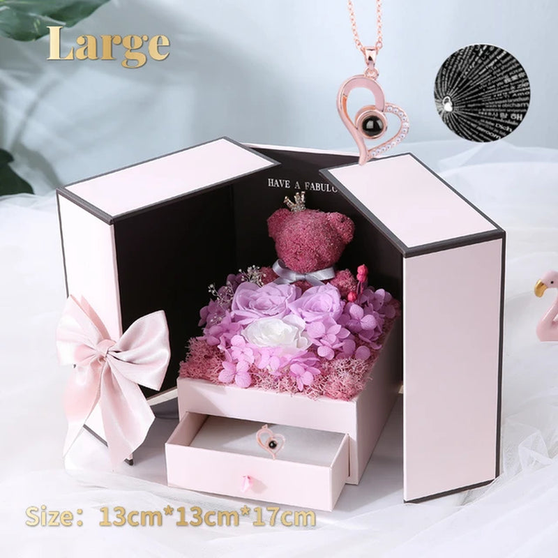 Eternal Rose Bear Box with Necklace Projection 100 Languages I Love You Heart Pendant Jewelry Xmas Valentine'S Gifts for Her Mom