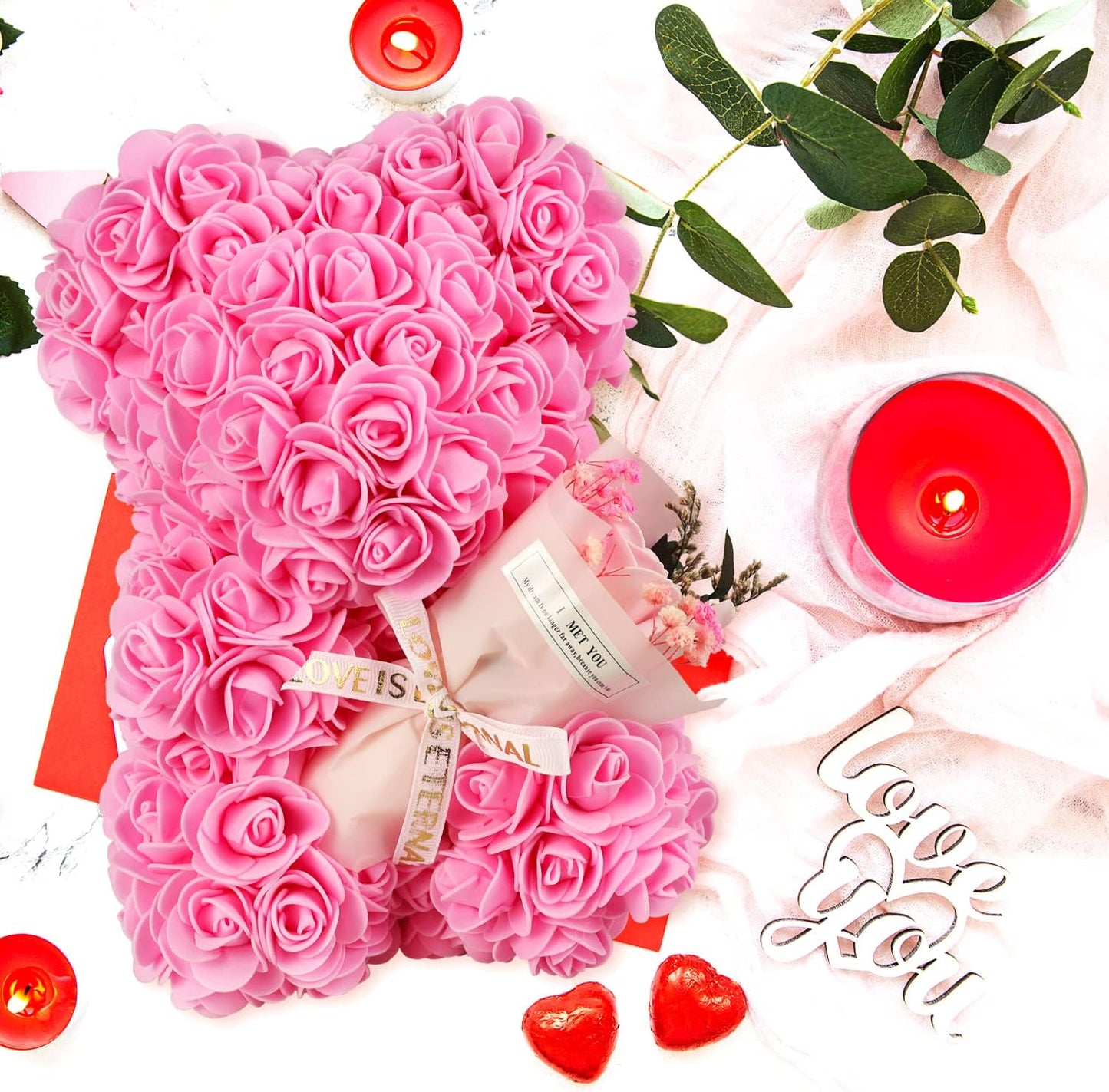 Rosbjörn love pink - Med blommor och box