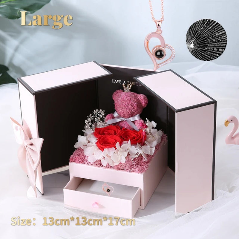 Eternal Rose Bear Box with Necklace Projection 100 Languages I Love You Heart Pendant Jewelry Xmas Valentine'S Gifts for Her Mom