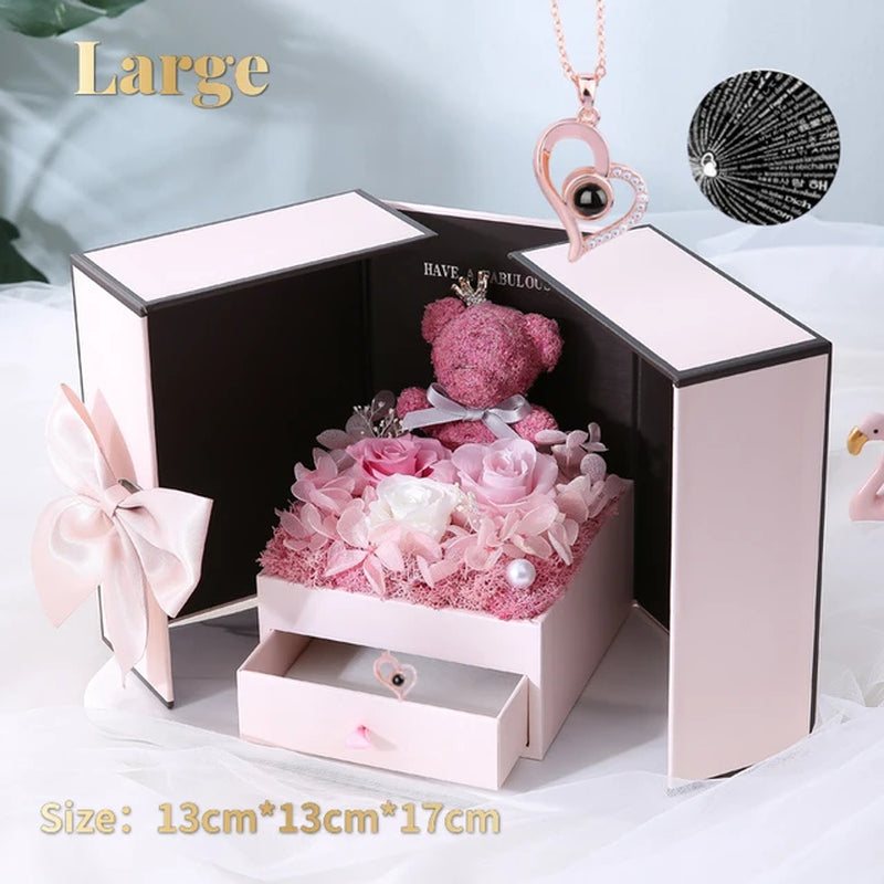 Eternal Rose Bear Box with Necklace Projection 100 Languages I Love You Heart Pendant Jewelry Xmas Valentine'S Gifts for Her Mom