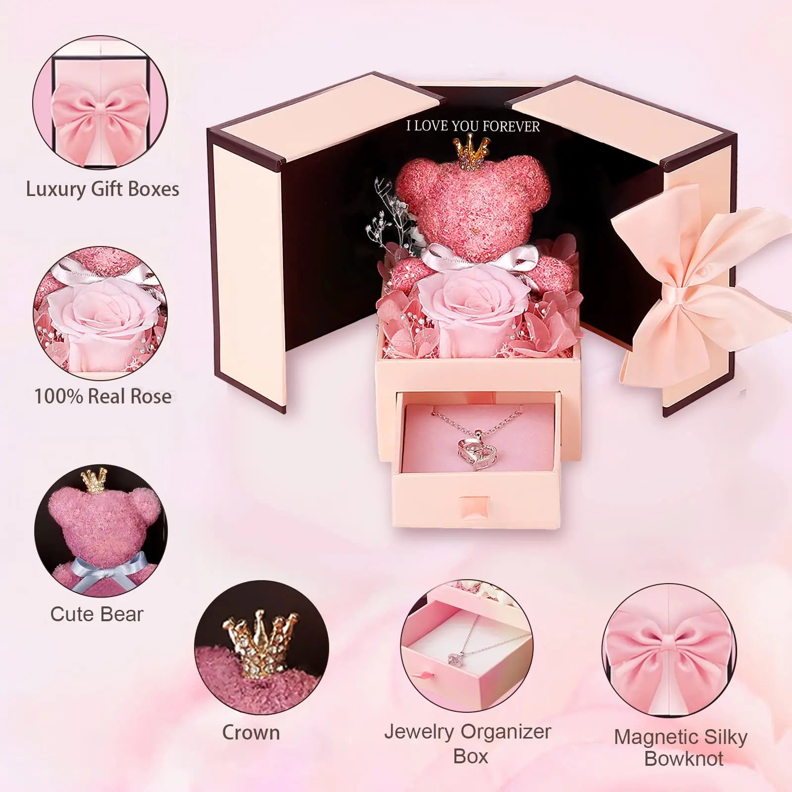 Eternal Rose Bear Box with Necklace Projection 100 Languages I Love You Heart Pendant Jewelry Xmas Valentine'S Gifts for Her Mom