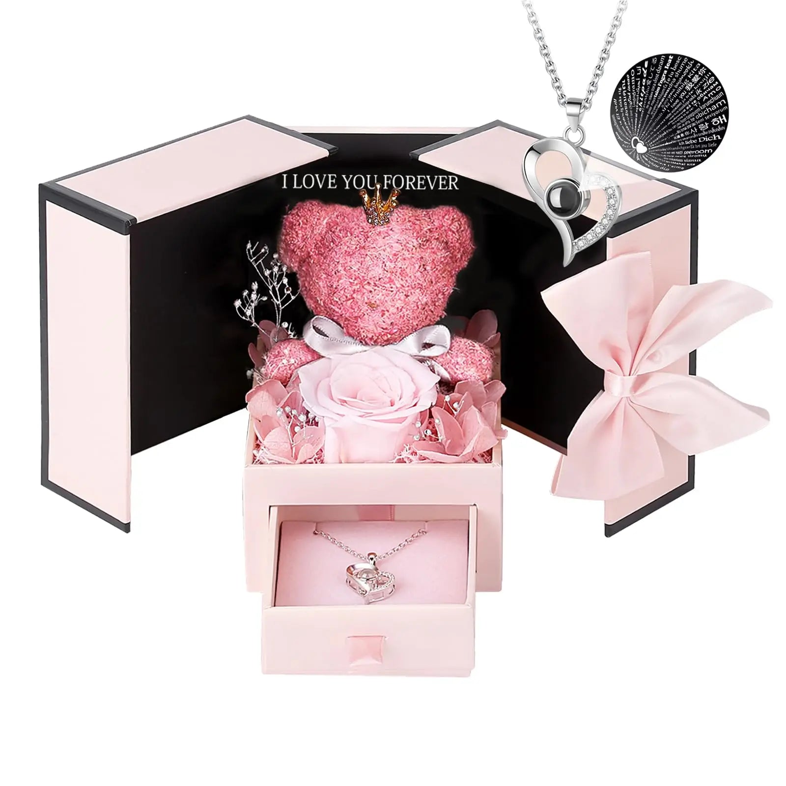 Eternal Rose Bear Box with Necklace Projection 100 Languages I Love You Heart Pendant Jewelry Xmas Valentine'S Gifts for Her Mom